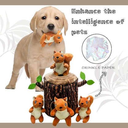 Hide and Seek Dog Toys Squeaky Squirrel Plush Toy with Crinkle Trunk, Interactive Dog Toy to Keep Them Busy Pet Chew Toys for Small & Medium Dogs (Tree Trunk Hideout with 4 Squirrel)