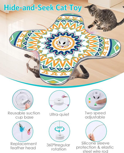 Interactive Cat Toy, Rechargeable Cat Toys for Indoor Cats, Automatic Cats Chasing Toy, Hide & Seek, 2 Modes, Self-Holding Suction Base, 3-in-1 Feather Toys with 1 Teaser Pole, 4 Replacements