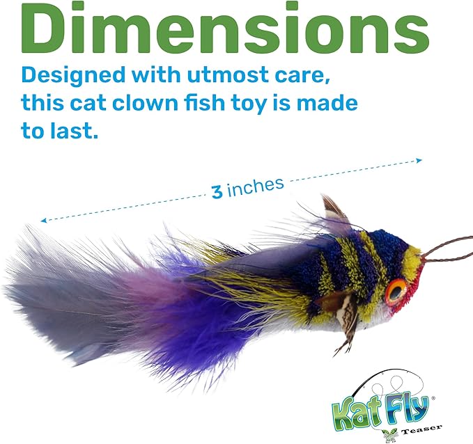 Katfly® Cat Wand Refill Teaser Toy - Fish (Blue) with Real Feathers - Interactive Cat Wand Toy Attachment
