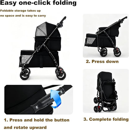 Double Dog Stroller for Medium Small Dogs and Cats Load-Bearing Up to 50lbs, Durable 360° Universal Wheels Lightweight One Hand Foldale Kittens Puppies Travel Stroller Cart(Double)