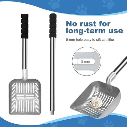 Cat Litter Spoon Metal Removable Stainless Steel Long Handle Cat Litter Screen Non-Stick Coated with Adjustable Handle and Soft Grip Heavy Duty Pet Cat Litter Shovel with 1 Pcs Hook