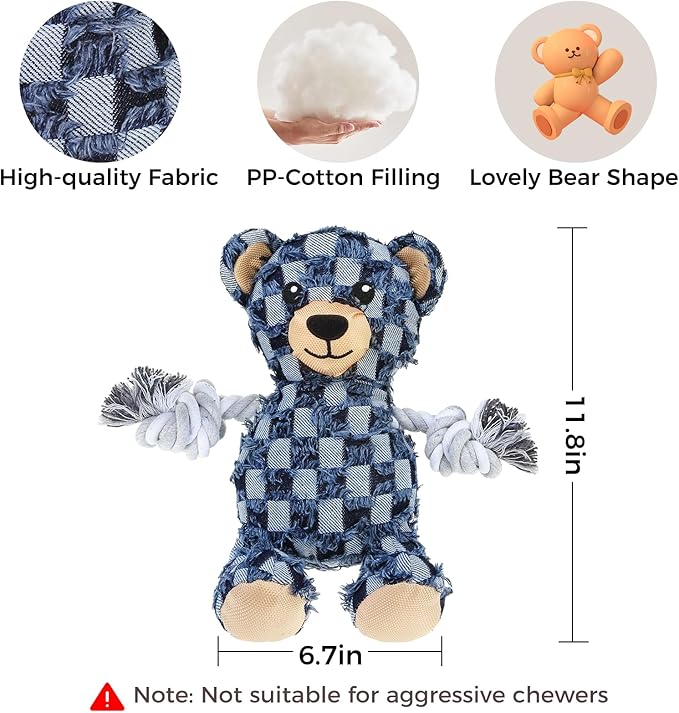 PAWCHIE Squeaky Dog Toys,Robust Bear Chew Dog Toy for Aggressive Chewers,Rope Arm Tug of War&Interactive Puppy Toys to Keep Them Busy for Boredom,Soft Pet Teething Dog Companion, Blue