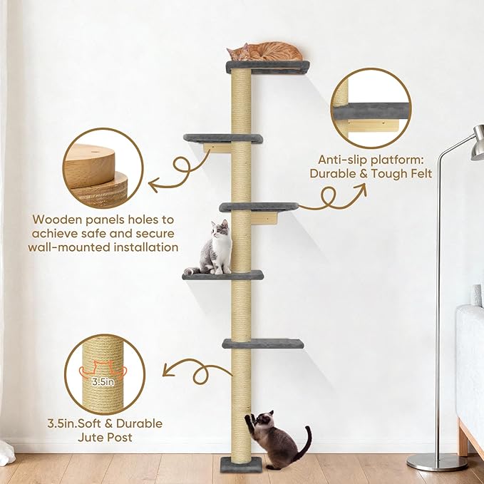 PAWSCRAT Wall-Mounted Cat Tree, 5 Tier Floor to Ceiling Cats Tower, 80 Inch Wall-Mounted Cat Scratching Post, Space Saving Cat Furniture and Easliy Climb for All Cats, Darkgery