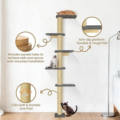 PAWSCRAT Wall-Mounted Cat Tree, 5 Tier Floor to Ceiling Cats Tower, 80 Inch Wall-Mounted Cat Scratching Post, Space Saving Cat Furniture and Easliy Climb for All Cats, Darkgery