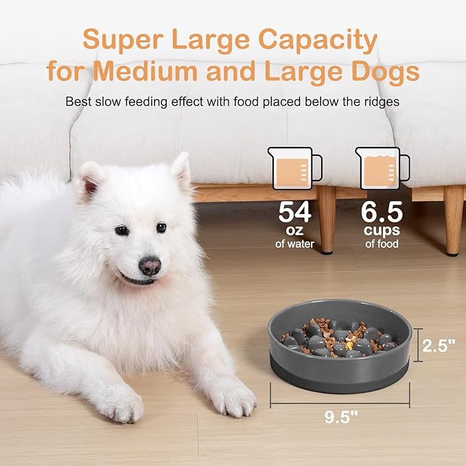 Sted Ceramic Slow Feeder Dog Bowls for Medium Large Breed, Slow Feeding Dog Bowl, Dogs Food Bowls for Fast Eaters, Puzzle Dogs Food Bowl with Silicone Base, Maze Grey