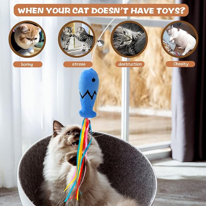 Fashion&cool Cat Wand Toy, 3pcs 16 Inch Natural Wooden Teaser With 5 Pcs Silvervine Sticks, Interactive Elastic String Stick Pole for Indoor Cats