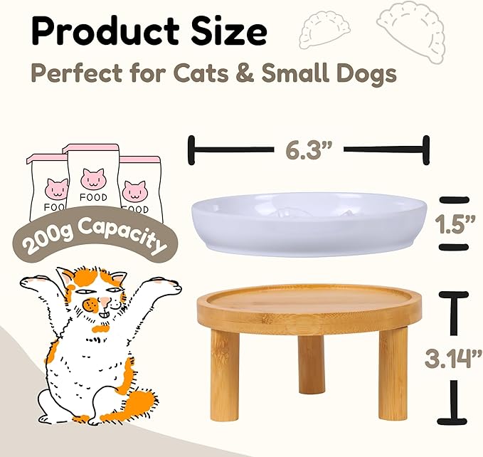 Slow Feeder Bowl, 6.3″ Elevated Cat Bowl with Stand, Melamine Wide Shallow Food Bowl, Whisker-Friendly Raised Plate, Wet Food Feeder for Slow Eating (White)