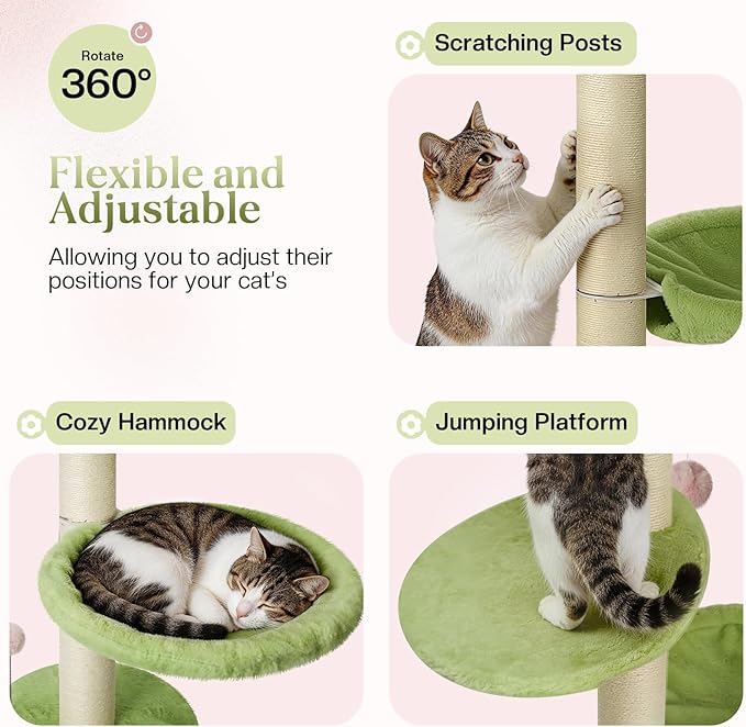 2 Ways Cat Window Perch, Flower Window Perch for Cats Inside with Hammock & Jumping Paltform, Cats Window Bed with Tall Sisal Scratching Post, Cat Hammock for Windows with 2 Strengthened Suction Cups