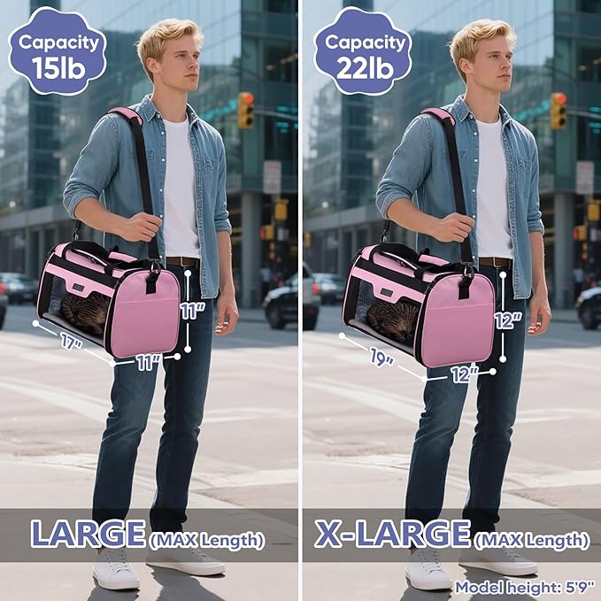 BALEINE Cat Carrier, Puppy Dog Carrier for Small Medium Pets Up to 22 Lbs, Soft-Sided Dog Travel Bag with Safety Zippers, Collapsible Pet Carrying Case (Pink, XL, 19"x12"x12")