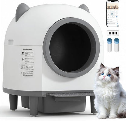 Self-Cleaning Automatic Litter Box with 80L Large Capacity for Multiple Cats, Features Odor-Free Waste Disposal, Safety Sensor, App Control via 2.4 GHz Wi-Fi, Includes 2 Roll Garbage Bags