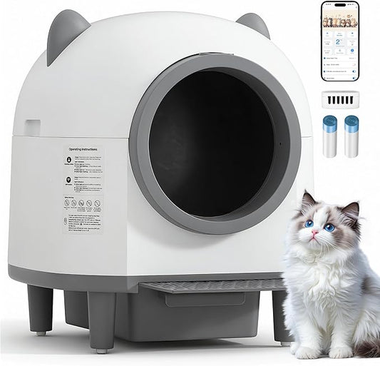 Self-Cleaning Automatic Litter Box with 80L Large Capacity for Multiple Cats, Features Odor-Free Waste Disposal, Safety Sensor, App Control via 2.4 GHz Wi-Fi, Includes 2 Roll Garbage Bags