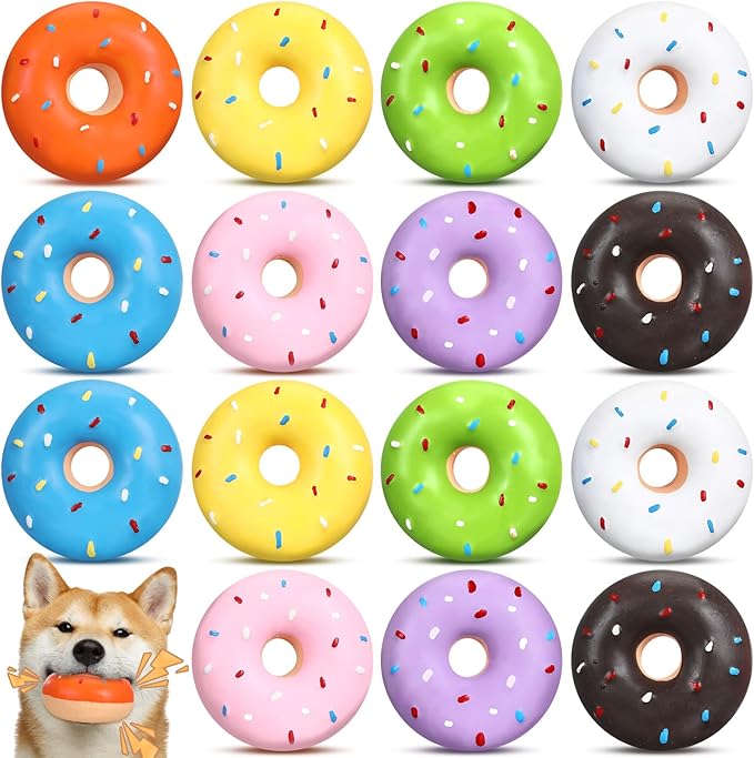 16 Pcs Latex Squeaky Dog Toys Donut Small Dogs Squeaky Chew Toys for Aggressive Chewers Soft Interactive Fetch Play No Stuffing Durable Teething Items for Small Puppy