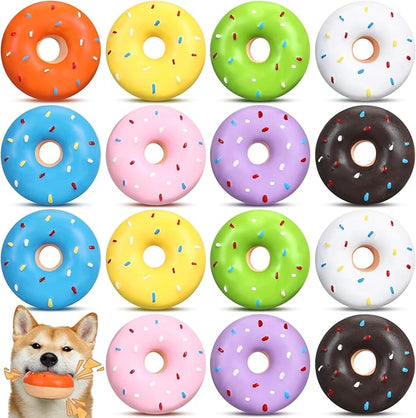 16 Pcs Latex Squeaky Dog Toys Donut Small Dogs Squeaky Chew Toys for Aggressive Chewers Soft Interactive Fetch Play No Stuffing Durable Teething Items for Small Puppy