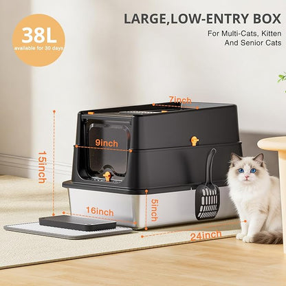 Stainless Steel Cat Litter Box, XL Enclosed Cat Litter Box with Lid, Easy to Clean High-Sided Metal Kitty with Top Entry, Scoop, Mat, Brush & Foot Pedal-Black