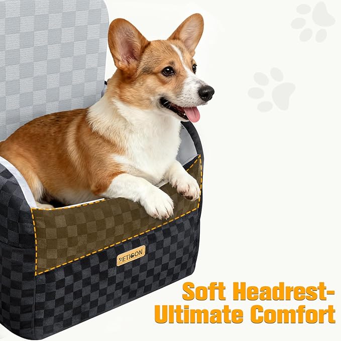 PETICON Waterproof Dog Car Seat for Small Medium Dogs, 6in Memory Foam Pet Booster Seat for Dogs up to 26 lbs with Pockets, Detachable Washable Pet Carseat with Y-Shape Safety Belt