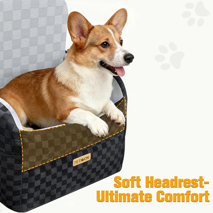 PETICON Waterproof Dog Car Seat for Small Medium Dogs, 6in Memory Foam Pet Booster Seat for Dogs up to 26 lbs with Pockets, Detachable Washable Pet Carseat with Y-Shape Safety Belt