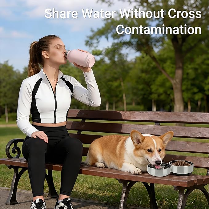 3-in-1 Dog Water Bottle Portable, 32oz Insulated Stainless Steel Pet Water Dispenser with 2 Detachable Travel Dog Bowls for Water & Food, Leak-Proof Puppy Water Bottle for Hiking, Walking (Pink)