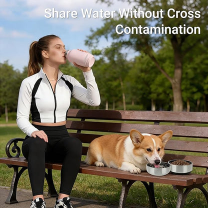 3-in-1 Dog Water Bottle Portable, 32oz Insulated Stainless Steel Pet Water Dispenser with 2 Detachable Travel Dog Bowls for Water & Food, Leak-Proof Puppy Water Bottle for Hiking, Walking (Pink)