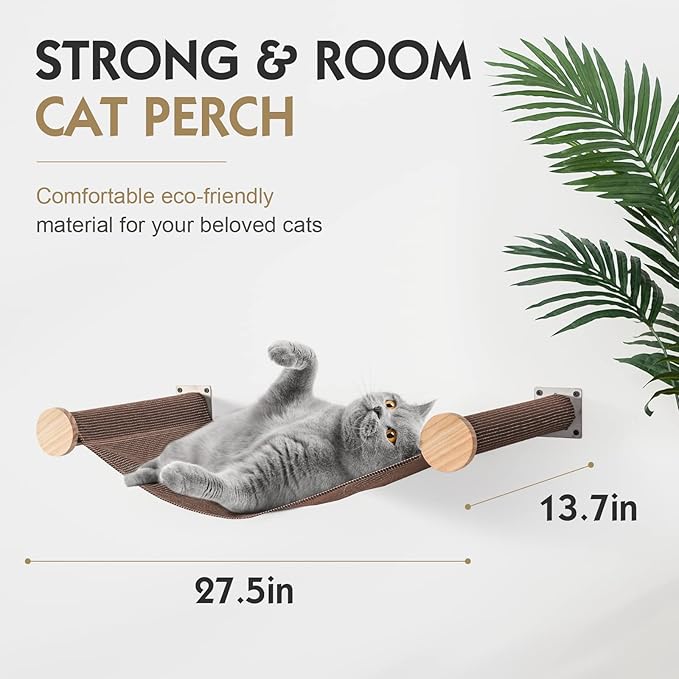 Wall-Mounted Cat Hammock & Shelves Set with 2 Steps - Premium Cat-Wall Furniture for Indoor Cats, Climbing, Lounging - Durable Multi-Level Perch for Large Cats (Brown)