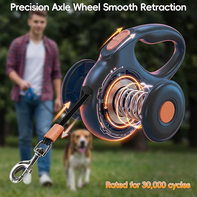 Retractable Dog Leash 26FT for Medium & Large Dogs, Sturdy Heavy-Duty Nylon Tape with Secure Locking Carabiner & Poop Bag Holder, Smooth One-Hand Control, Anti-Slip Handle, Tangle-Free Design (Black)