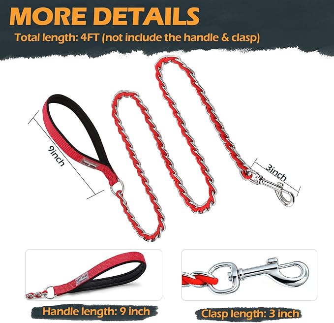Chain Dog Leash Chew Proof Metal Leash for Medium Large Dogs, Chain Link Dog Anti Chew 5.2FT / 4FT Strong Anti Bite Comfortable Soft Padded Handle (red, 4FT(30-80lb)