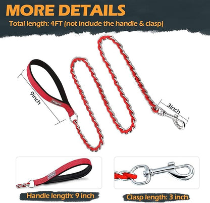 Chain Dog Leash Chew Proof Metal Leash for Medium Large Dogs, Chain Link Dog Anti Chew 5.2FT / 4FT Strong Anti Bite Comfortable Soft Padded Handle (red, 4FT(30-80lb)