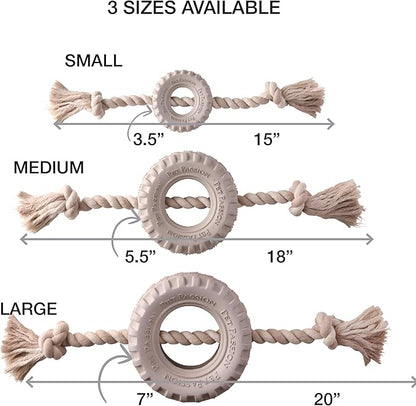 Natural Rubber Tire and Organic Cotton Rope Pull and Chew Dog Toy for All Pet Breeds, Almond Milk, Large