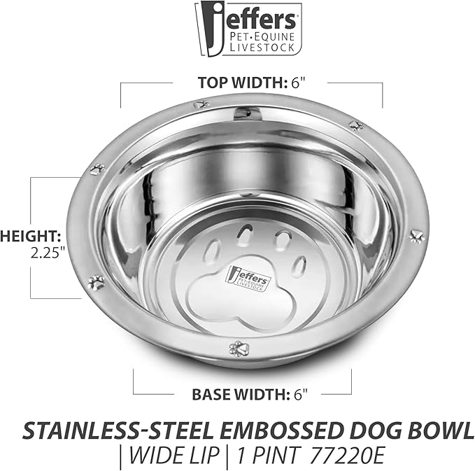 Jeffers Pet Stainless Steel Pet Food & Water Bowl – Embossed Paw Print, Wide Lip, Non Slip, Dishwasher Safe, Rust Resistant Metal Dog Cat Feeding Dish for Indoor Outdoor Crate Travel Use, 1 Pint