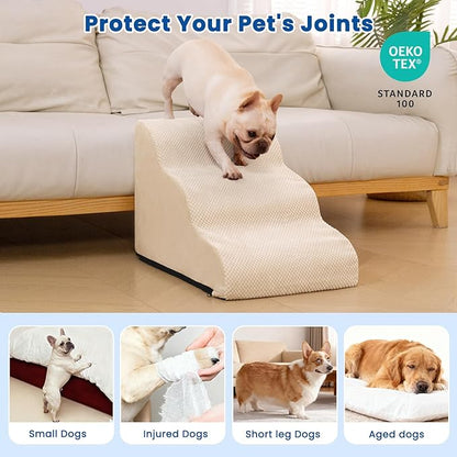 Dog Stairs for Small Dogs and Cats – 3 Step Pet Ramp for Couch & Sofa, Non-Slip Dog Steps for Pets, Washable Cover, High-Density Support Foam for Easy Climbing,Beige
