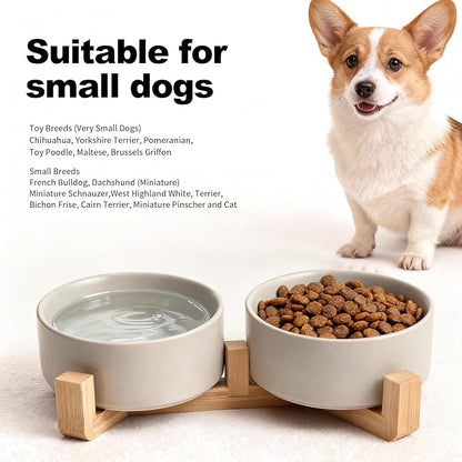Kimdio Ceramic Dog Bowls with Wood Stand, 13.5OZ Pet Bowls Set of 2 for Medium Small Dogs and Cats - Non-Slip Base Cute Pet Food & Water Basic Bowls Glaze Matte-Grey