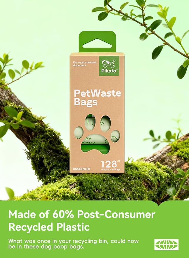 Dog Poop Bags Rolls, 128 Count (8 Refills) - 60% Recycled Plastic Unscented - Leak Proof, Extra Thick Waste Bag with Easy-Peel Sticker (Green)