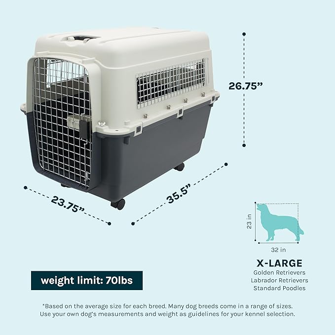 SportPet Airline Compliant X-LARGE 32.25" Travel Dog Kennel-Durable Plastic Airline Pet Carrier w/Removable Wheels & Food Bowls, Collapsible Indoor/Outdoor Dog Kennel, Dog up to 32"L & 23"H-Cream/Gray