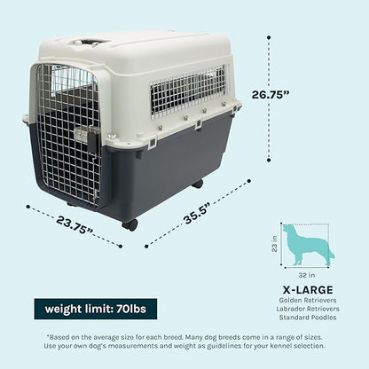 SportPet Airline Compliant X-LARGE 32.25" Travel Dog Kennel-Durable Plastic Airline Pet Carrier w/Removable Wheels & Food Bowls, Collapsible Indoor/Outdoor Dog Kennel, Dog up to 32"L & 23"H-Cream/Gray