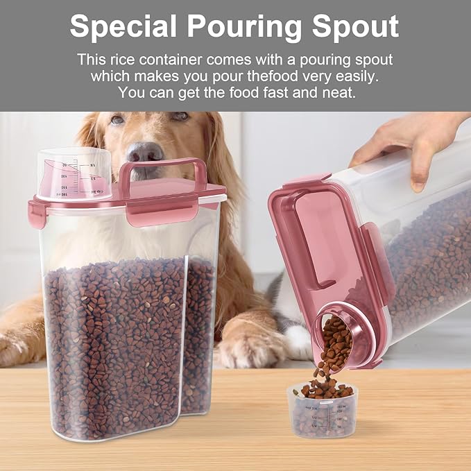 5-7Lbs Dog Cat Food Storage Container with Upgraded Large Nozzle BPA-free, 4 Snap Seals Plastic Pet Food Storage Containers with Handles (Claer(Pink+Grey), 5L-2pack)