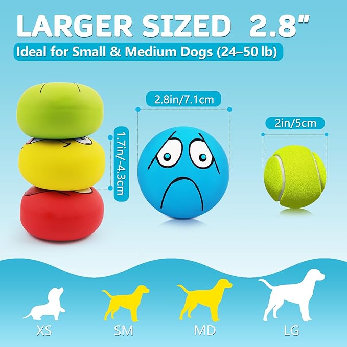 4 Pack 2.8" Smiley Face Squeaky Dog Toys Soft Dog Balls Latex Rubber Squeak Dog Toys for Small Medium Puppy Pet Dogs (Flat Ball)