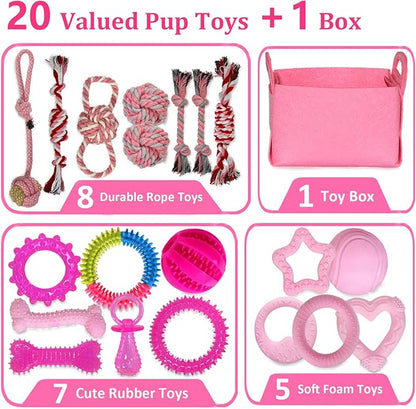 Puppy Toys Set - 20 Pack Pink Dog Chew Toys for Teething Small Breeds - Tough Rope Toys for Puppies, Cute Soft Rubber Toys Bundle with Basket for Girl Pets