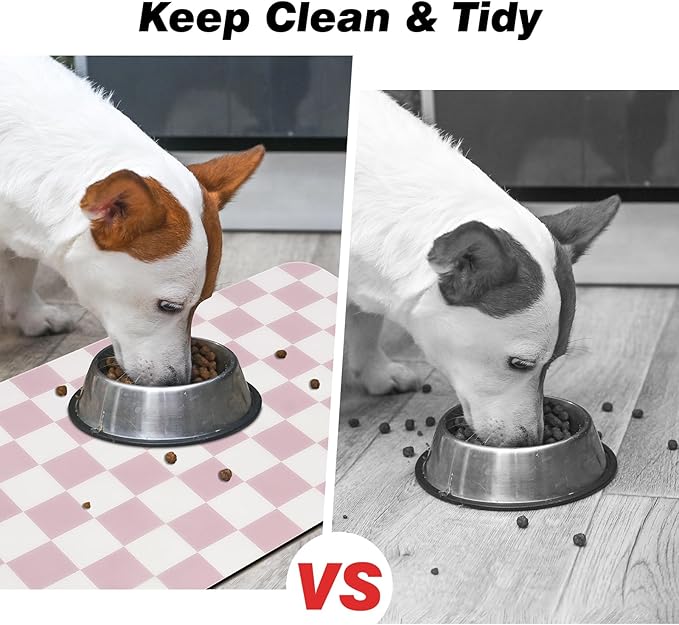 Checkered Dog Food Mat, Absorbent Leak-Proof Pet Feeding Mat, Quick Dry Cat Food Mat for Messy Drinkers 12" x 20" Pink