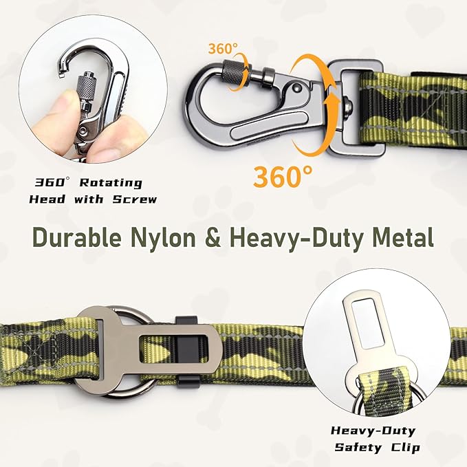 Hands Free Dual Handle Retractable Bungee Leash with Reflective Trim, Adjustable Waist Belt for Dog Walking, Running, Hiking - Durable Nylon Leash for Medium Large Dogs, Military Green
