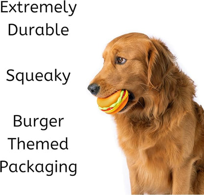 Dog Toy - Hamburger Themed Design, Extremely Durable, Squeaky, Perfect Chew and Fetch Toy, Unique Burger Packaging