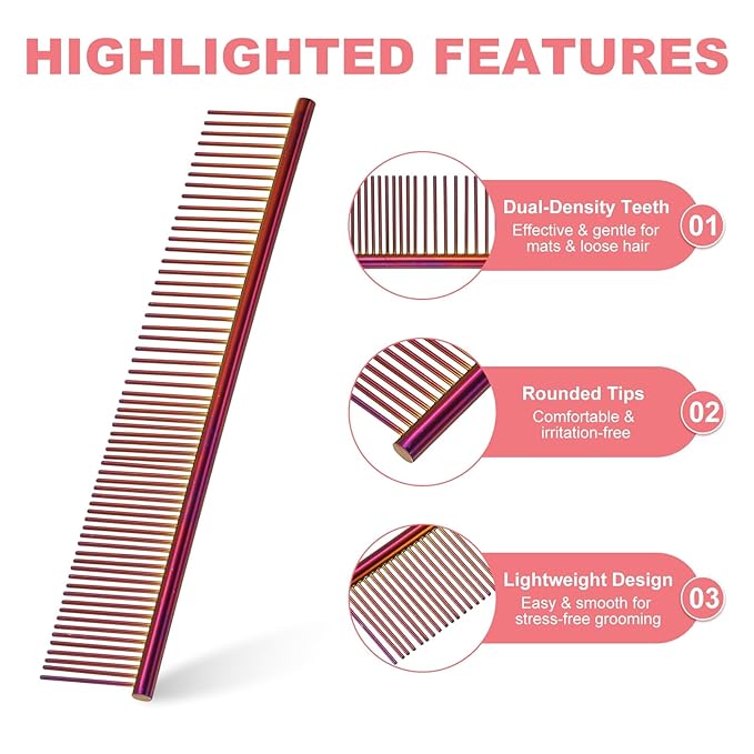 Dog Cat Comb, Pet Combs Stainless Steel Teeth with Rounded Ends for Knots Mats Loose Hair Removal, 7.5IN (Purple Plated, 3 Pack), Grooming Tool Intended for Long Curly Hair Pet