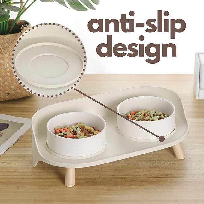 A4DOG Ceramic Dog Bowls with Stand - Elevated Dog Water and Food Bowl Set 13.5oz Cat & Dog Feeding Station Spill Proof Splash Proof Raised Pet Food Bowls for Dogs, No Mess Pet Feeder - Beige