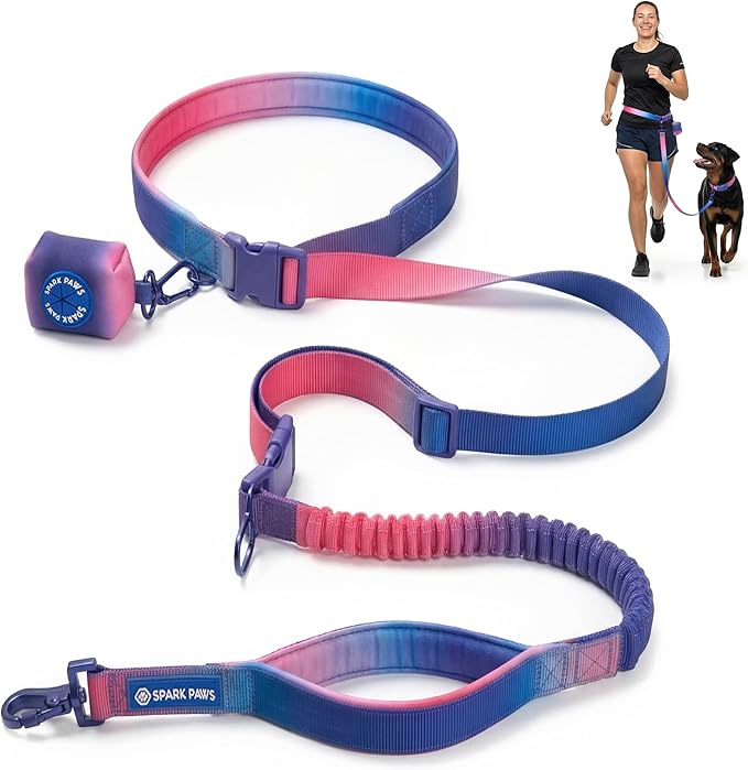 Spark Paws Handsfree Dog Leash – Shock Absorbing Waist Bungee Lead for Running, Car Seatbelt Clip & Poop Bag Set, Heavy Duty Tactical Lead for Medium, Large & X-Large Breeds - Snow Cone