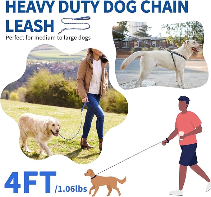HOMIMP Heavy Duty Chew Proof Leash 4 FT, Reflective for Medium Large Dogs, Metal Training With Soft Padded Handle, Strong Rope for Night Walking, Blue