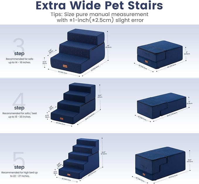 Gardner Pet Dog Stairs for Small Dogs 14" H, 3-Step Extra Wide Dog Steps for Bed, Pet Stairs for Bed and Couch with Durable Non-Slip Waterproof Fabric Cover and Soft Foam, Navy