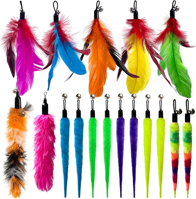 AcceLeah Cat Toy Replacement Feathers Cat Toy Wand Refills, Natural Bird Feathers Dragonfly Worm Refill, Cat Feather Toy Replacement for Cat Wand (17 Pcs (No Eyes))