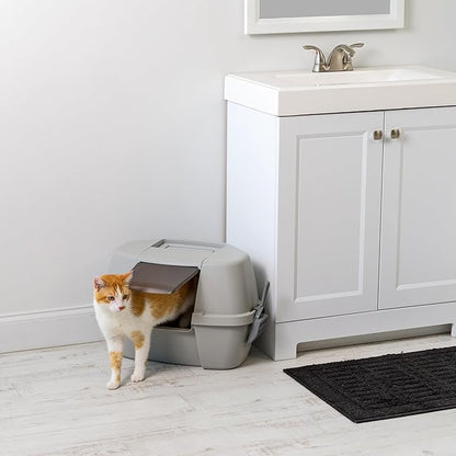 IRIS USA Corner Cat Litter Box - Enclosed Corner Litter Box with Scoop, Hooded Litter Tray for Corners, Space-Saving Covered Litter Box, Odor Defensive, Gray