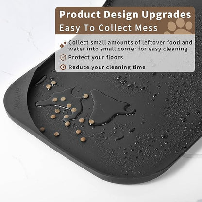 Silicone Pet Food Mat with Raised Edge for Food and Water Bowl, Dog Feeding Mats, Cat Food Trays for Floor Waterproof, Rubber Tray for Dogs and Cats, 19 x 12 x 0.7 Black
