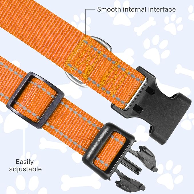 FunTags Reflective Dog Collar, Sturdy Nylon Collars for Puppy and Extra Small Girl and Boy Dogs, Adjustable Dog Collar with Quick Release Buckle,Orange,5/8" Width