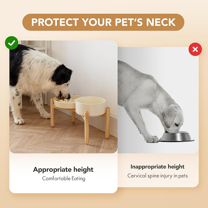 Ceramic Raised Slow Feeder Dog Bowl Set, Elevated 7.3inch Bowl and 8.2inch Slow Pet Food Dish with Wooden Stand for Medium and Large Dog (2 xLight Yellow+ Stand)