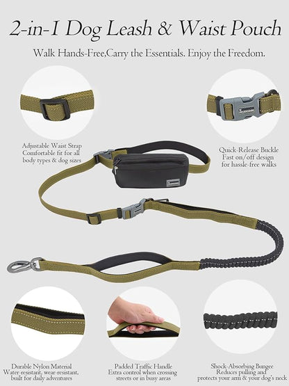 Hands Free Dog Leash with Zipper Pouch & Waist Belt – Reflective Durable Bungee Leash with Dual Padded Handles for Walking, Jogging & Running, Fits Small to Large Dogs (Yellow)